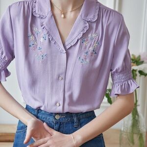 Simple Retro Alicia Floral Lavender Embroidered Blouse